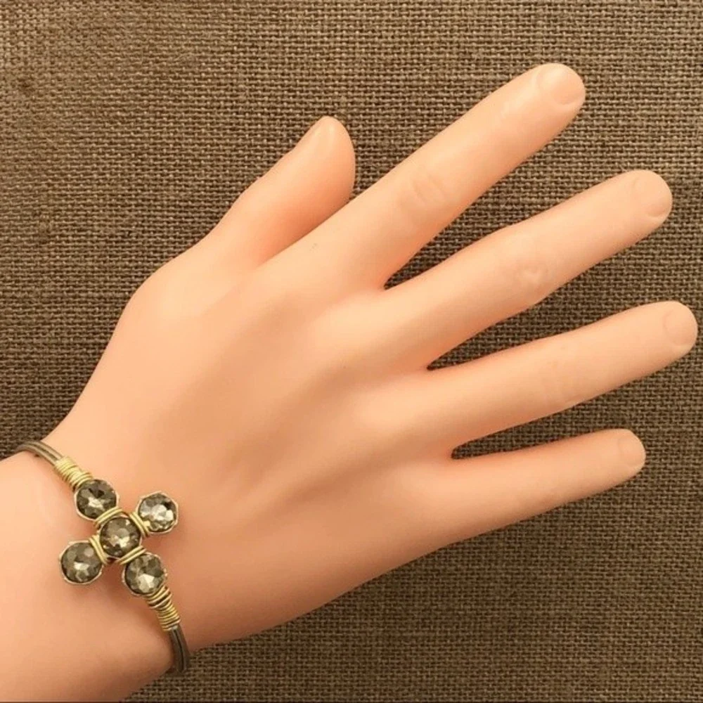 🌼 Colorado Topaz Color Rhinestone Cross Gold Bangle  Bracelet
